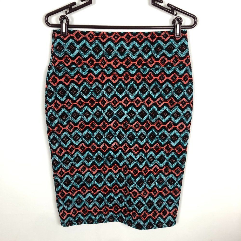 Lularoe Cassie Blue Black Orange Aztec Print Pencil Skirt